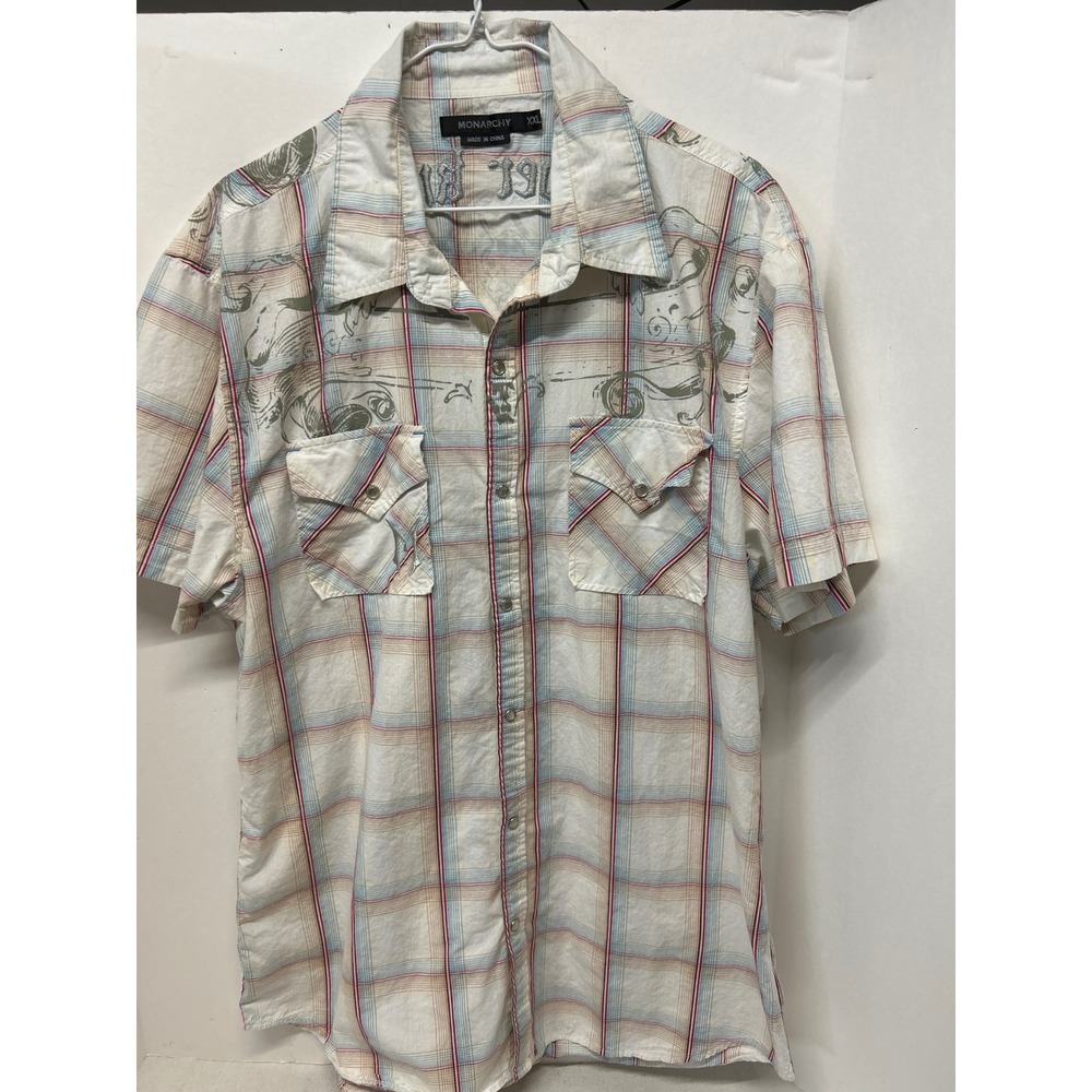 Monarchy Mens‎ XXL Short Sleeve Plaid Western Shirt Embroidered Graphics